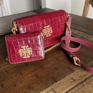 Tory Burch Britten Croc Convertible Bag In Claret & Matching Wallet